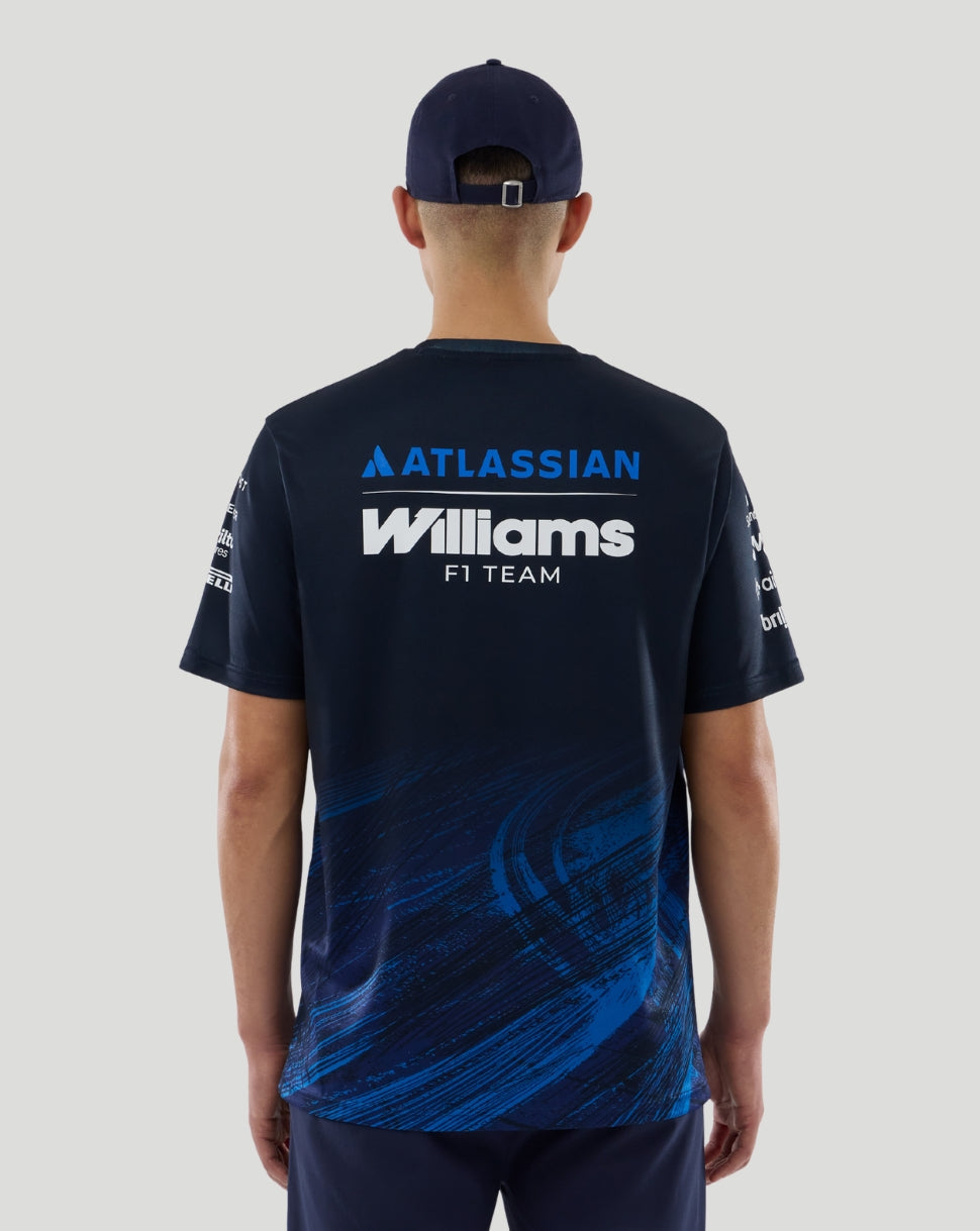 Back of navy Atlassian Williams F1 Team tee featuring large Williams branding and sponsor logos on sleeves.