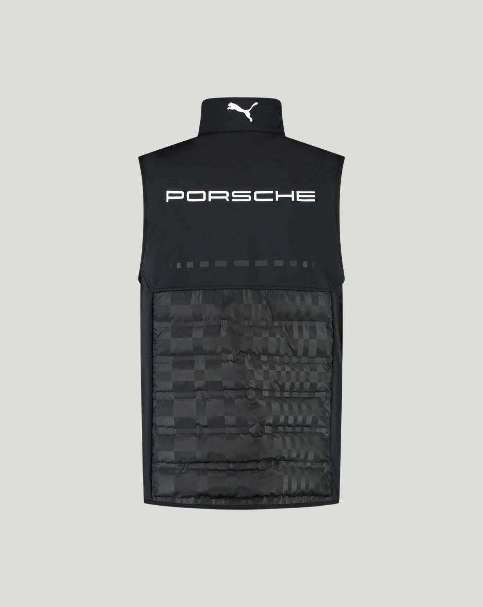 A black sleeveless high-collar vest with a white Puma logo on the collar and 'PORSCHE' printed across the chest, featuring a textured patterned lower panel, shown against a solid light gray background.
