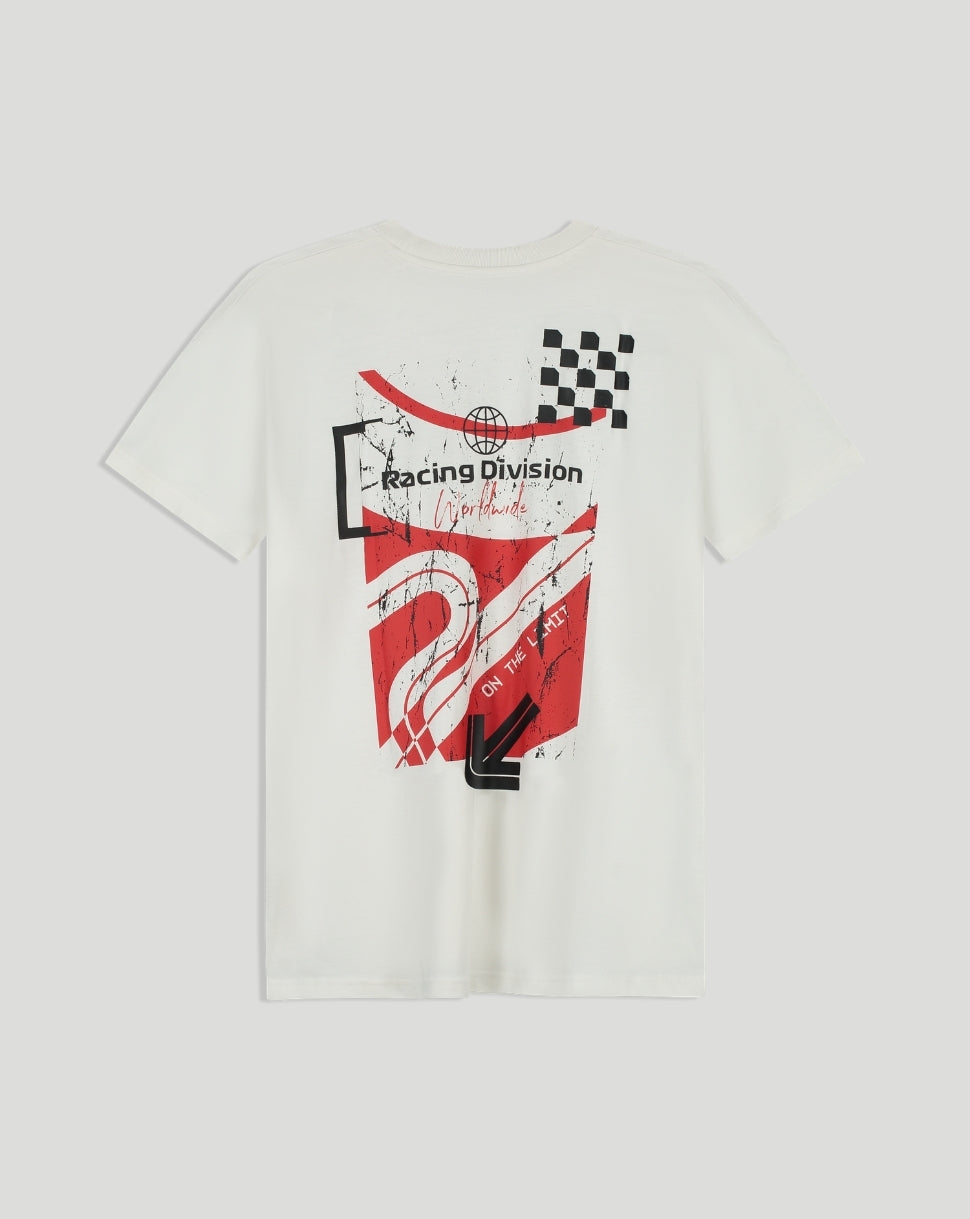 Front view of white graphic T shirt featuring a small black F1 logo centered on the chest.