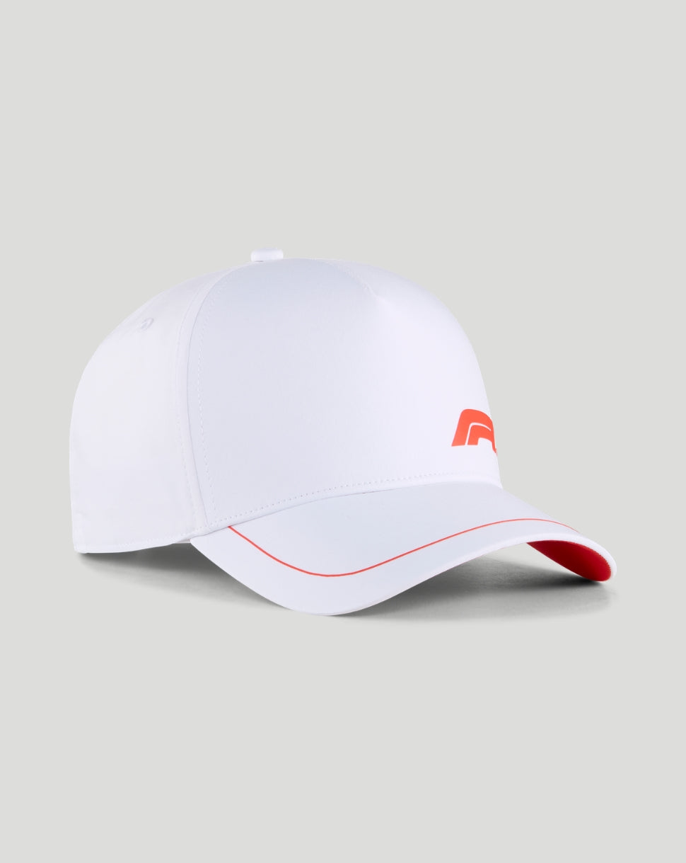 White F1 Fanwear baseball cap with red logo on front and curved brim with red edge