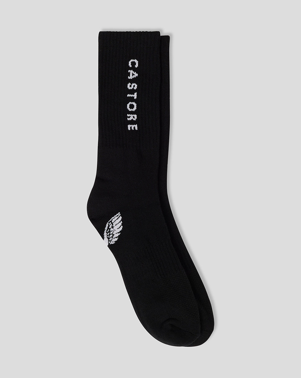 Black Cushioned Crew Socks 3 Pack from Castore with white branding along the leg and reinforced toe.