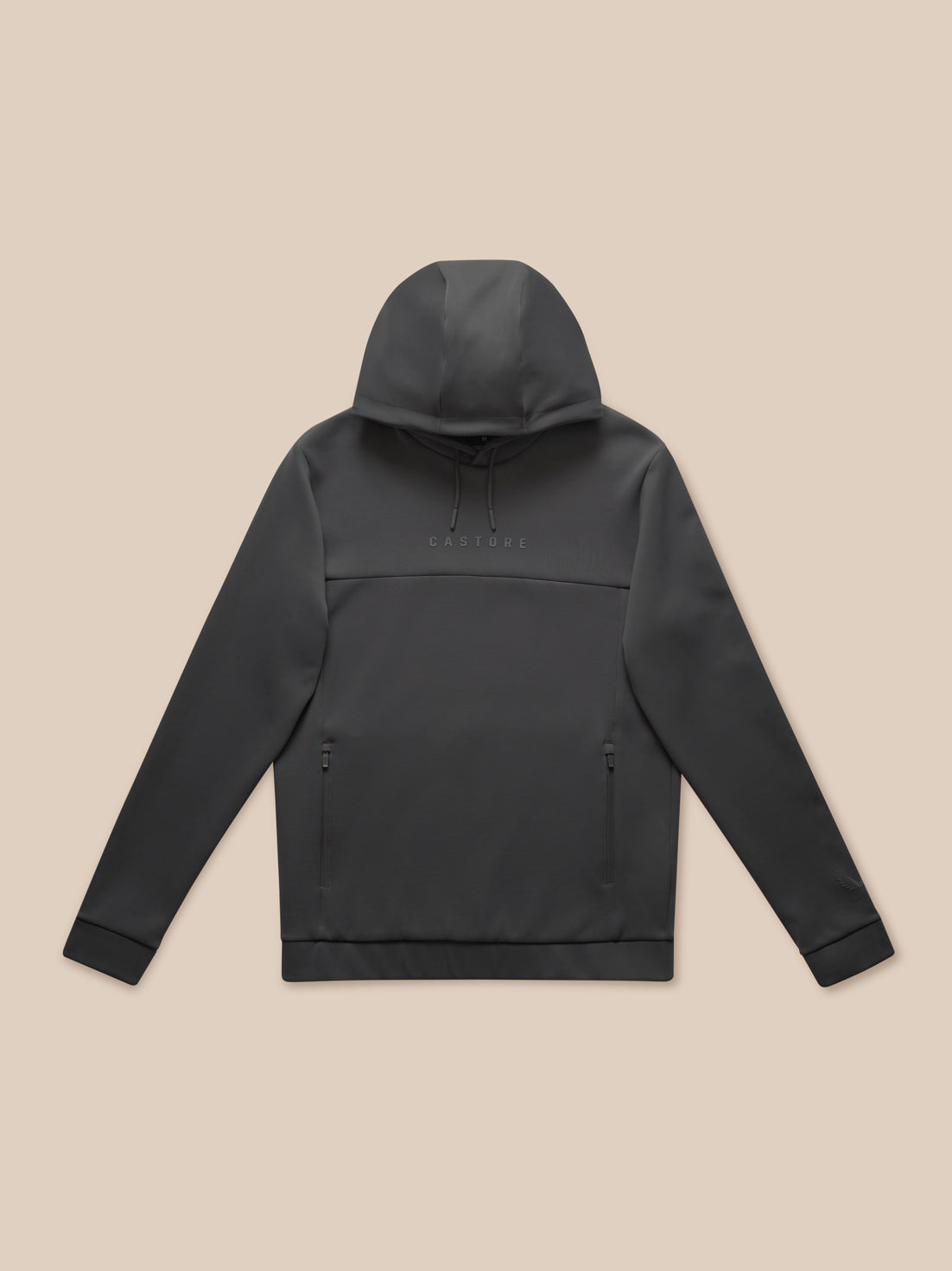 Flat lay of charcoal Flex Lifestyle Hoodie with hood up, showcasing front logo and zip pockets.