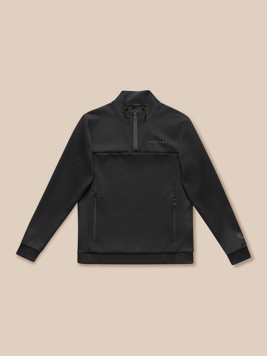 Flat lay of black Flex Lifestyle quarter zip top with front zipper and side zip pockets.