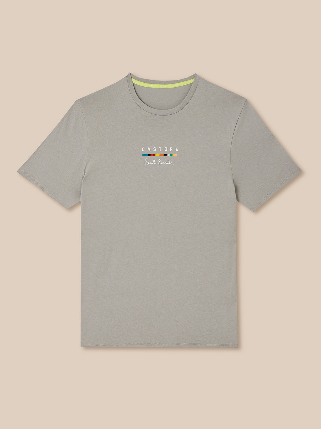 Gray t-shirt with a brand logo on a beige background