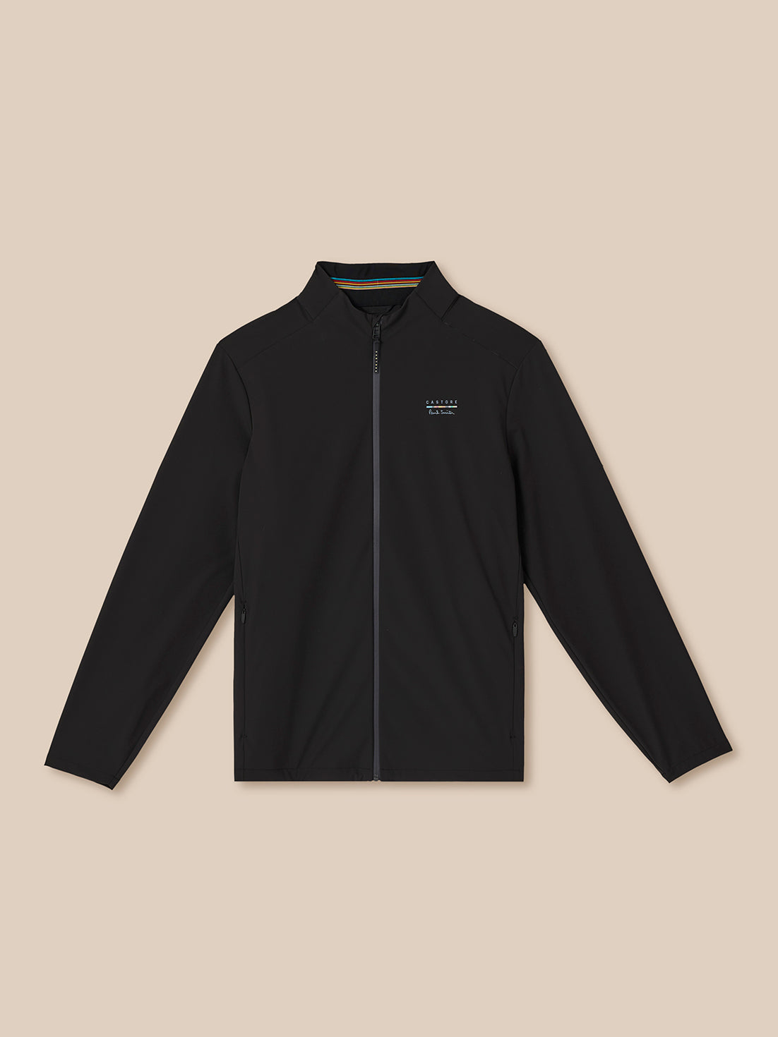 Black jacket with a brand logo on a beige background