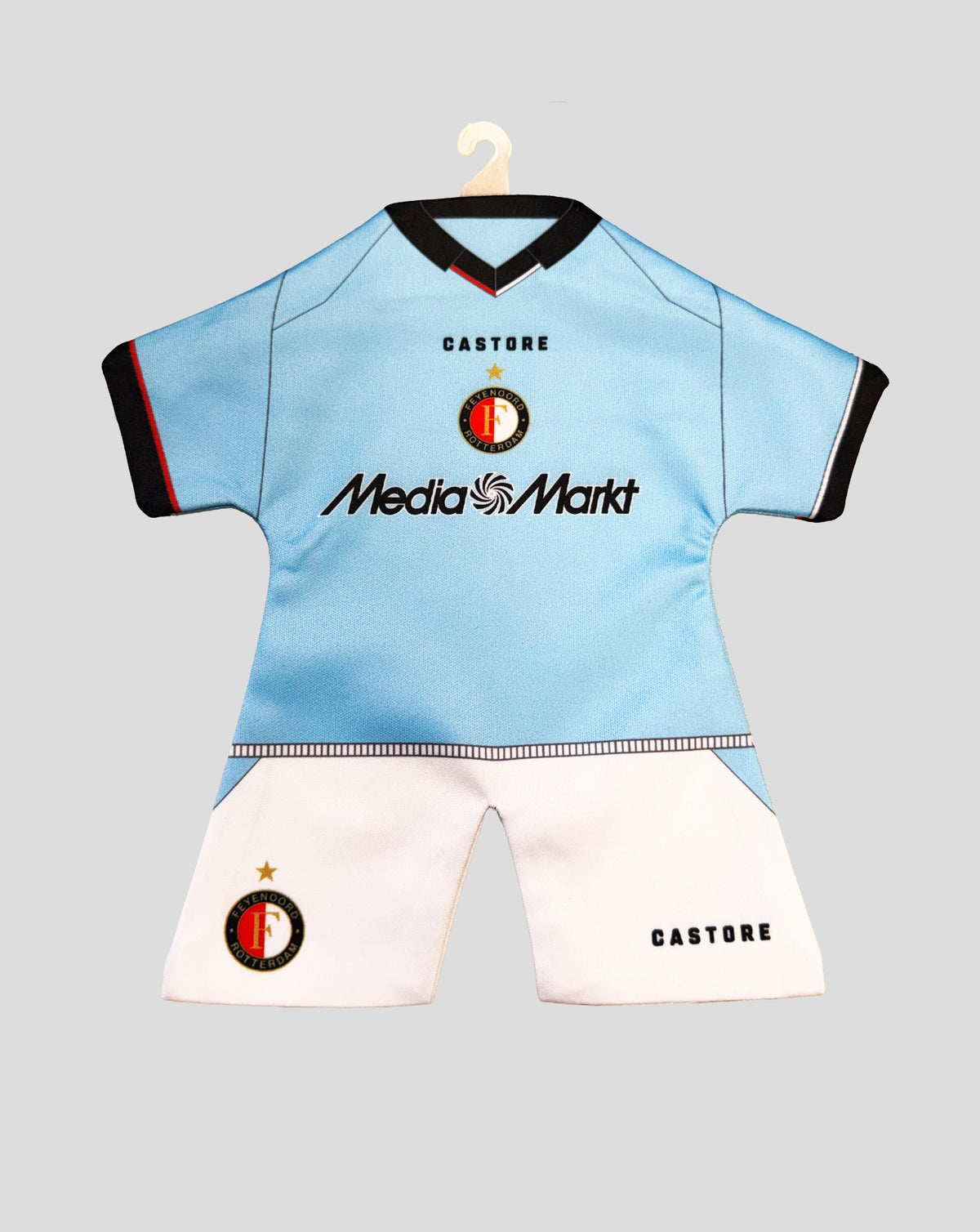 Back view of light blue Feyenoord away jersey on a hanger with Castore logo club crest and sponsor