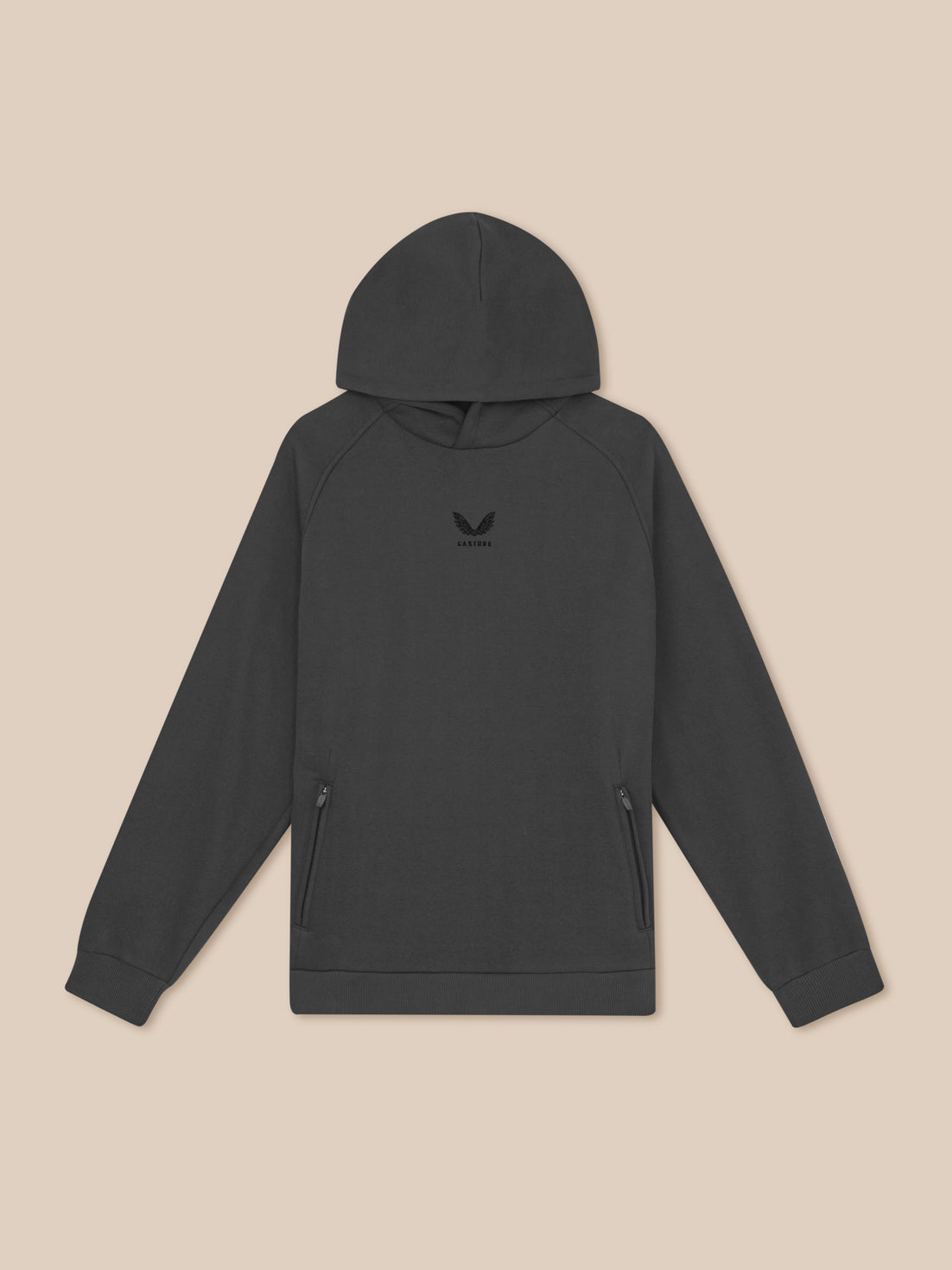 Dark gray hoodie with a logo on a beige background