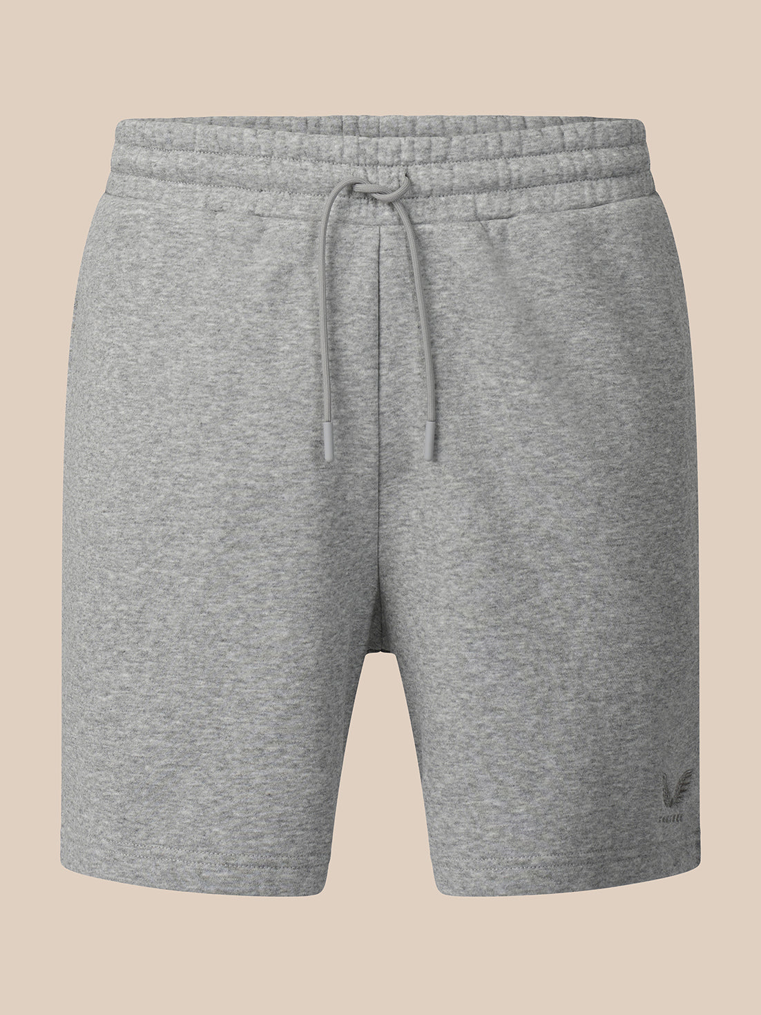 A pair of heather gray sweat shorts with an elastic drawstring waistband, shown against a solid beige background.