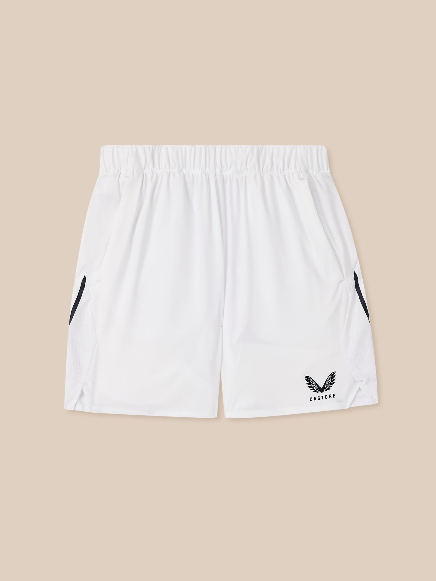 White shorts with black logo on a beige background