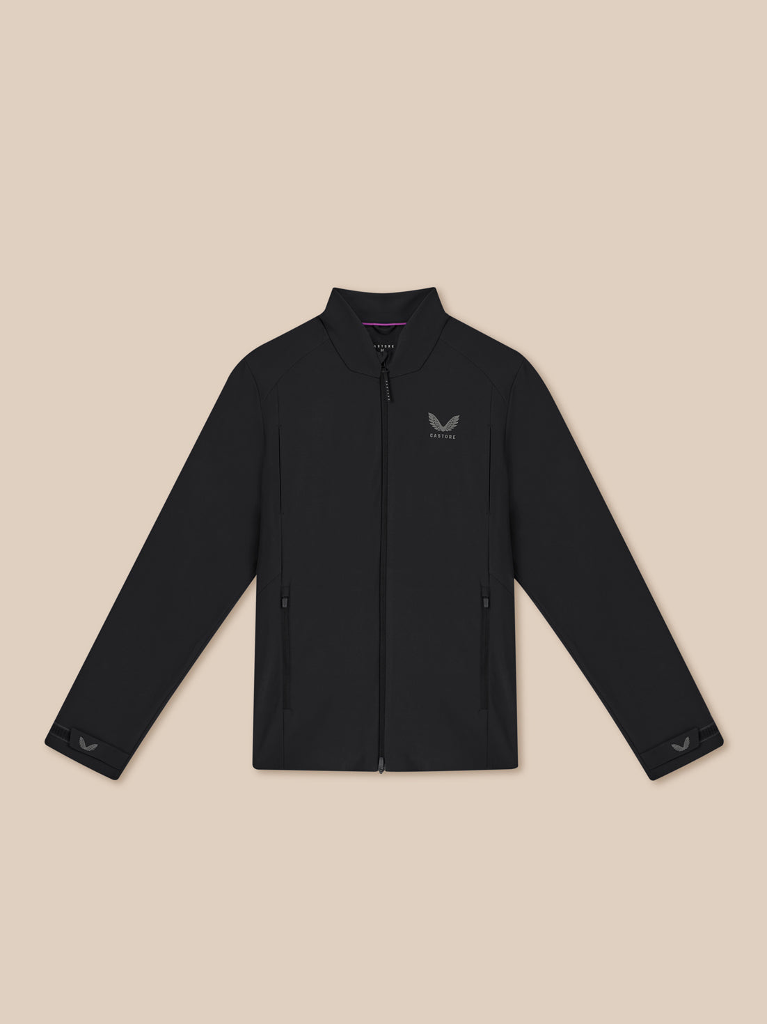 Black jacket with a brand logo on a beige background