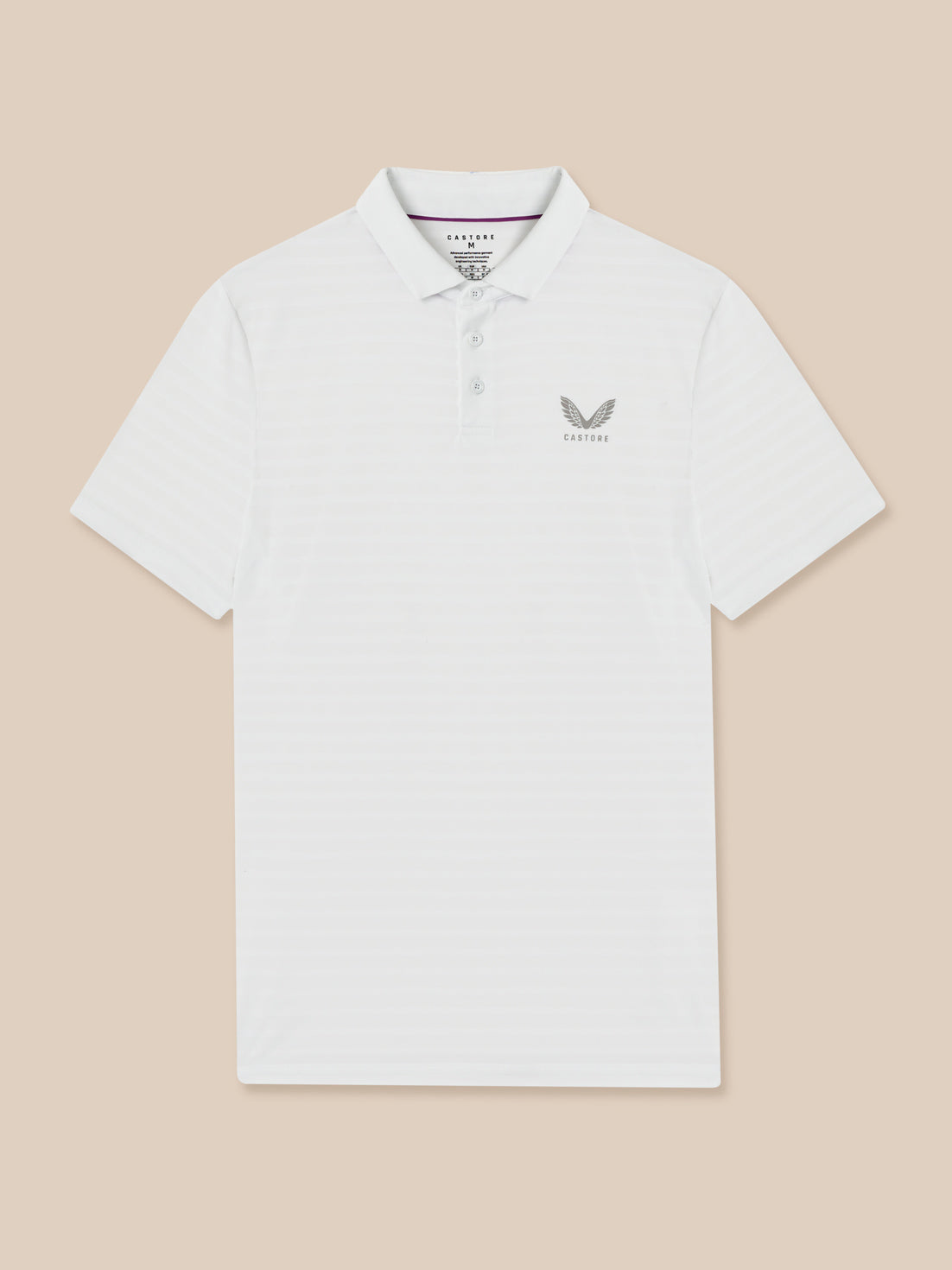 White polo shirt with a logo on a beige background