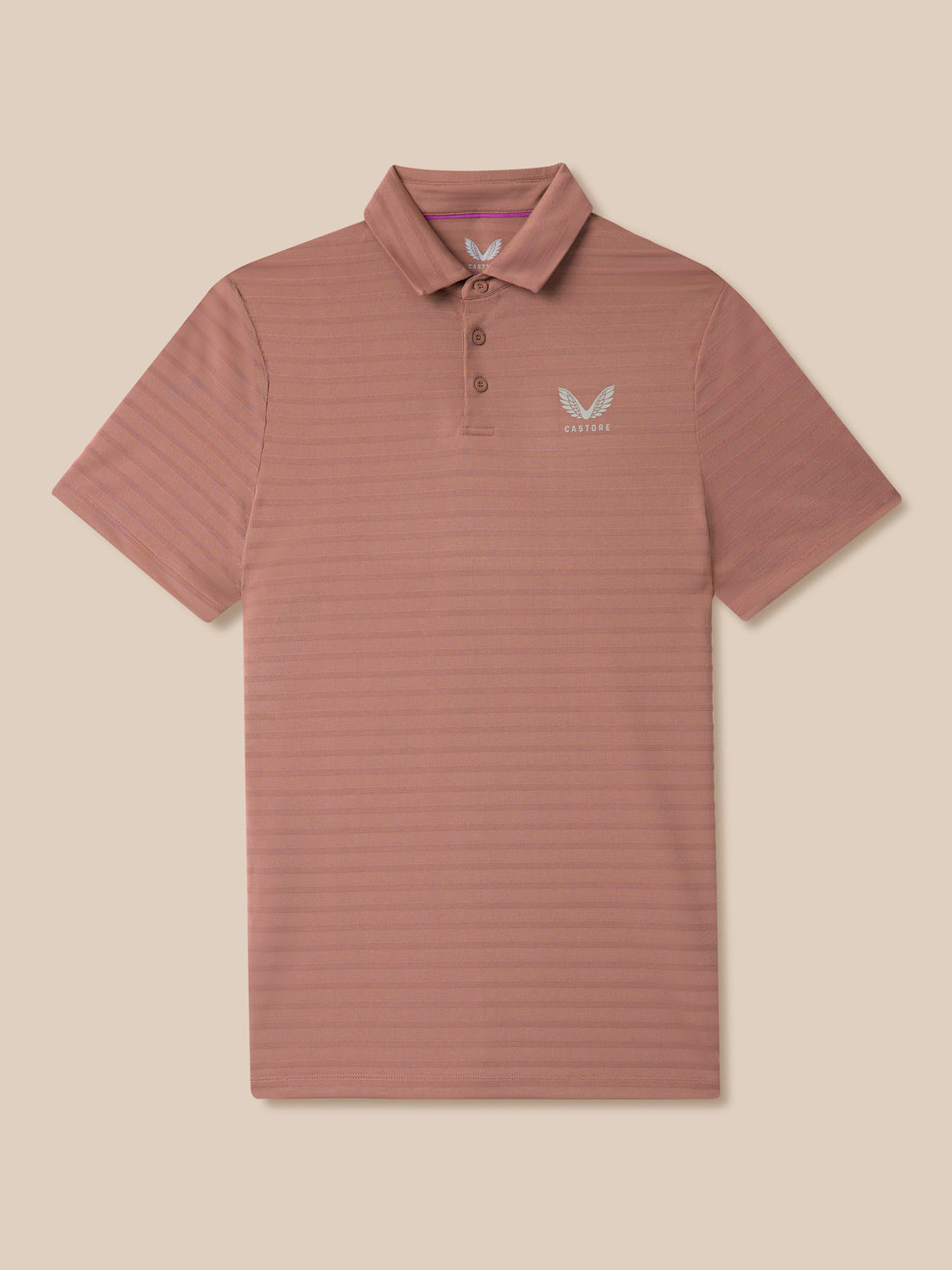 Brown striped polo shirt with a logo on a beige background