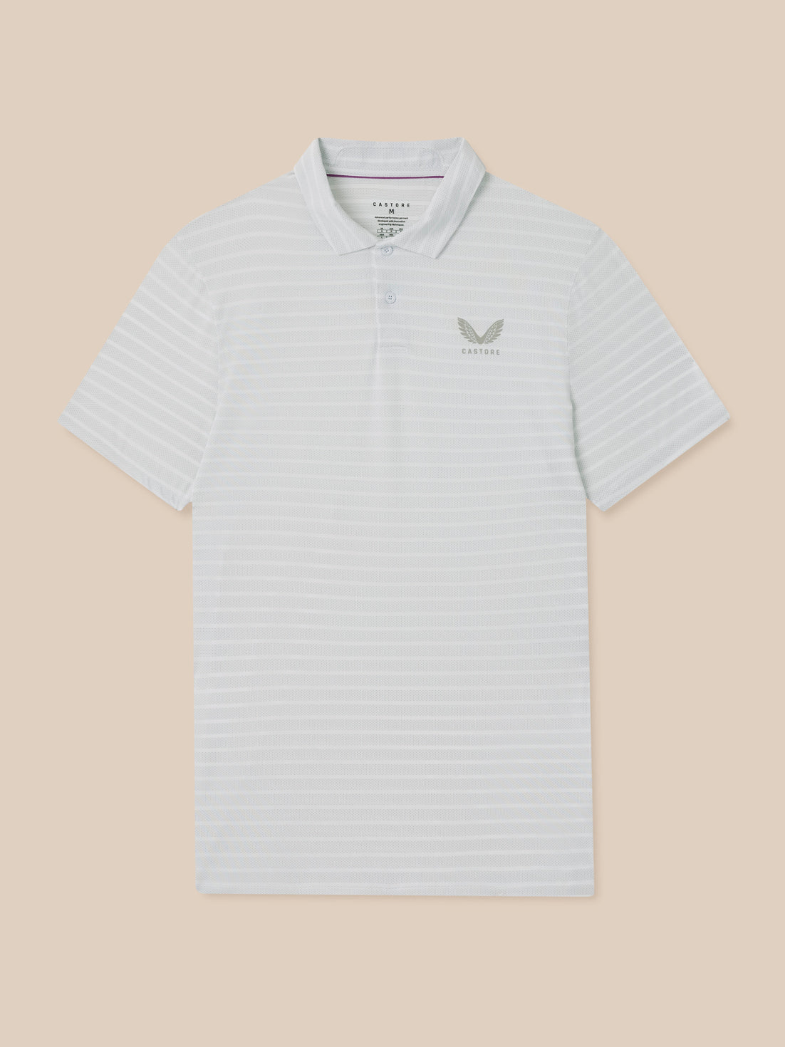 A short-sleeve polo shirt with fine horizontal stripes in white and light gray, featuring a small gray embroidered logo on the left chest, displayed against a solid beige background.