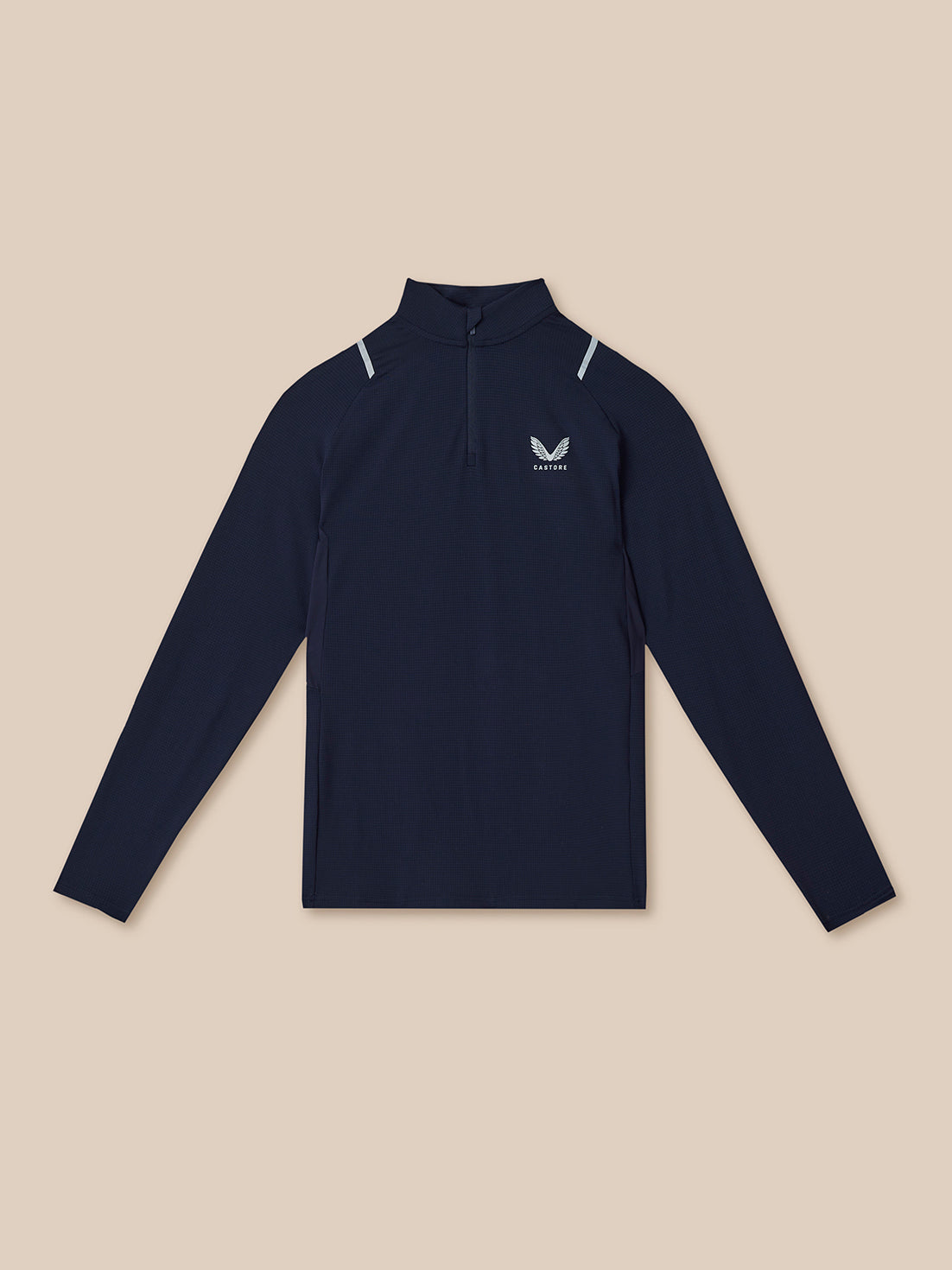Navy long-sleeve shirt with a logo on a beige background