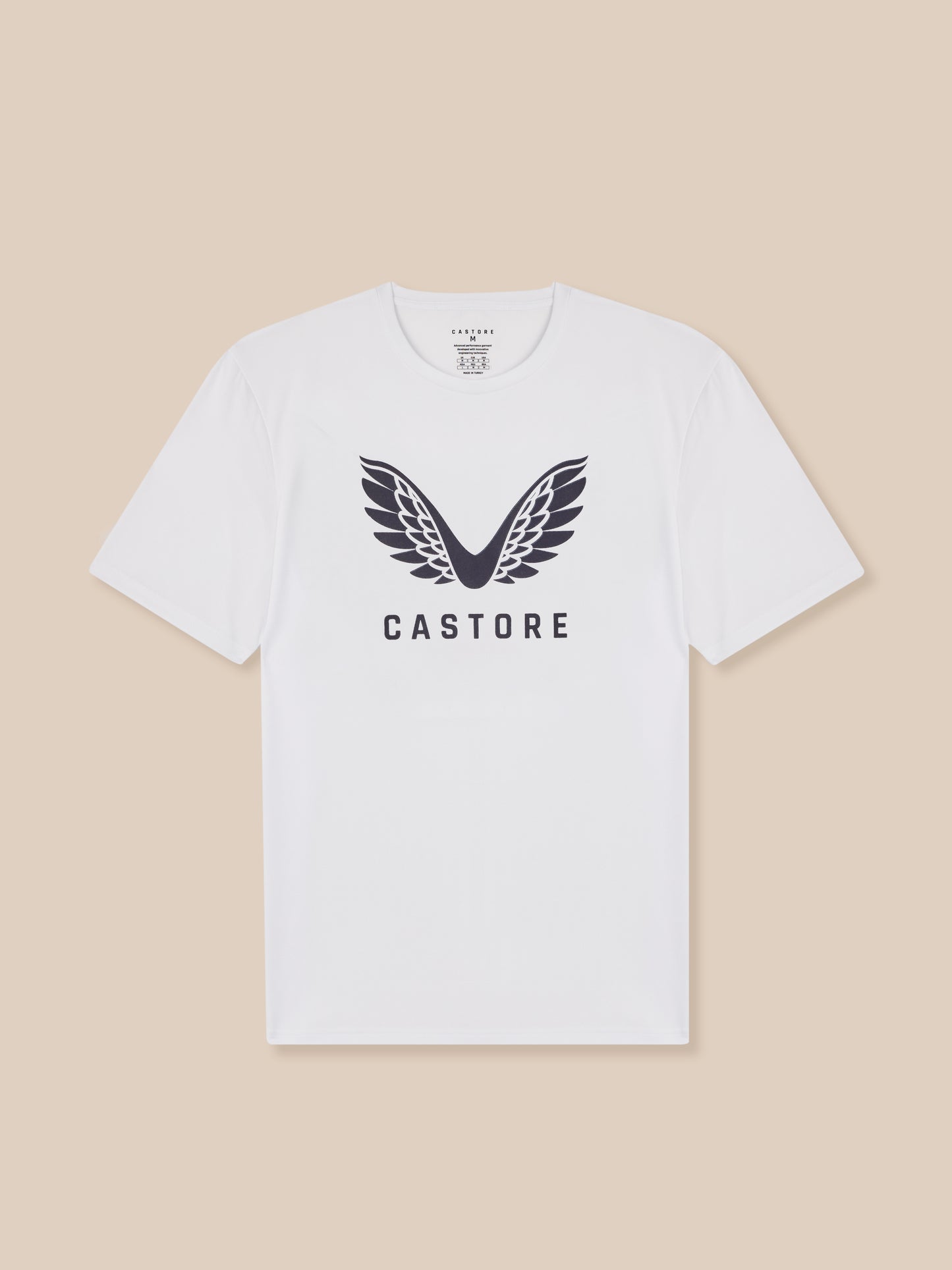 White t-shirt with black logo and text on a beige background