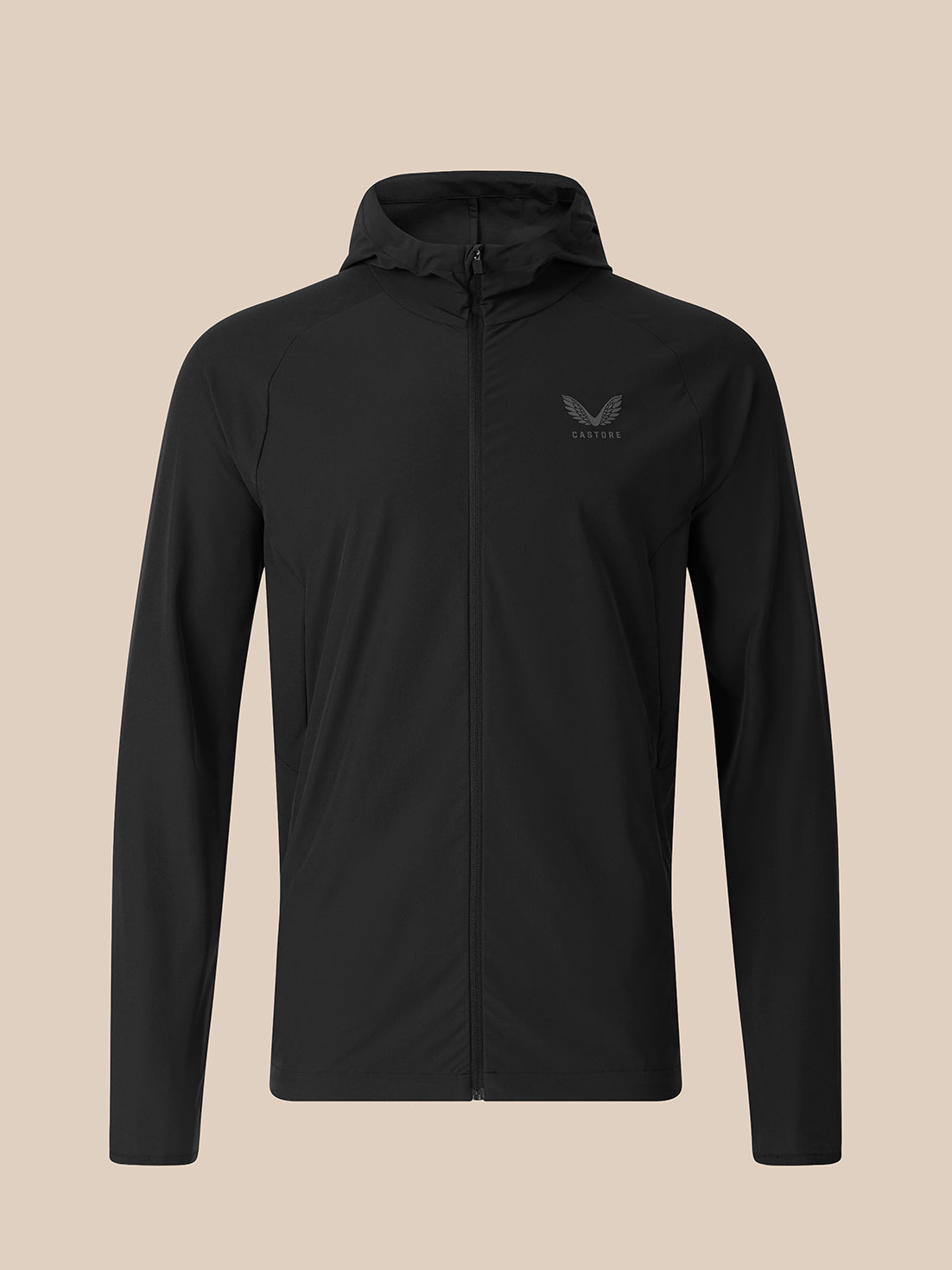 A black hooded zip-up jacket with a small dark gray wing logo on the left chest, displayed on a solid beige background.