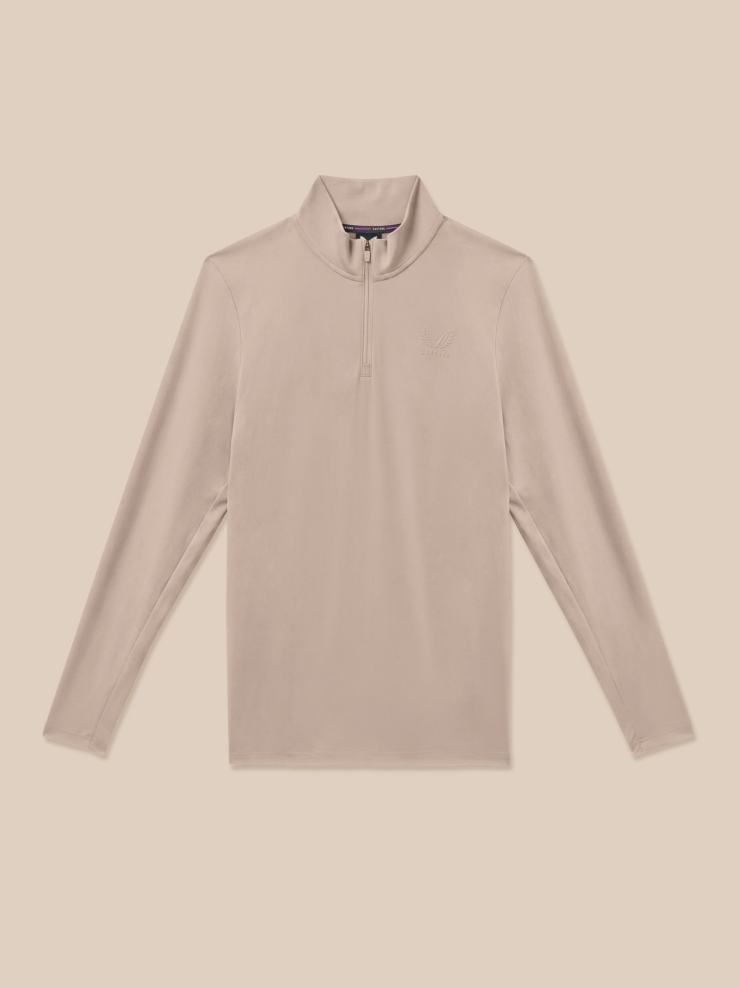A light beige long-sleeve quarter-zip pullover with a mock neck collar, shown flat against a solid beige background.