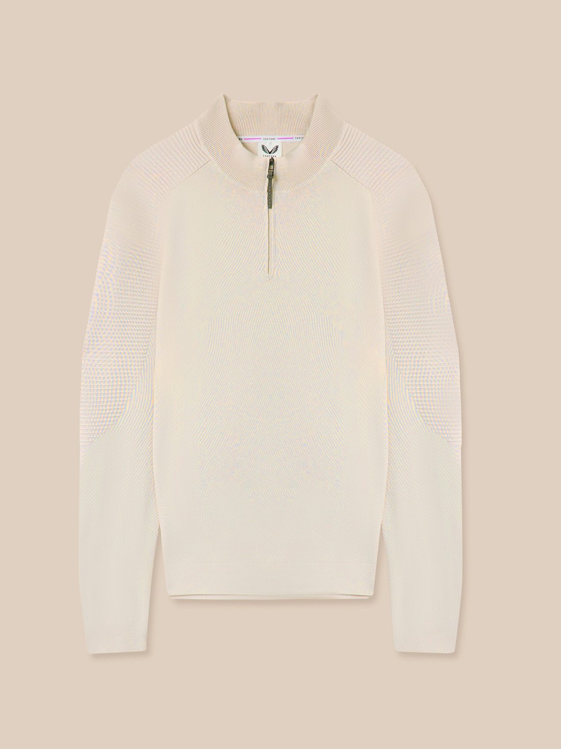 White textured sweater with a zipper on a beige background