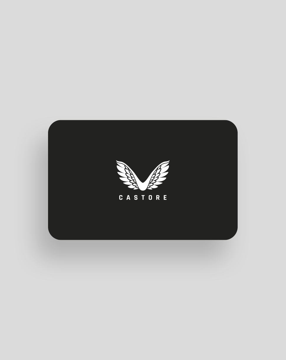 Complimentary £20 Castore gift card on a rounded black card featuring a white wing logo