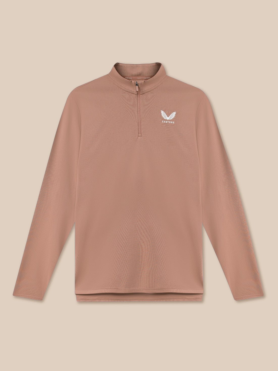Brown long-sleeve shirt with a logo on a beige background