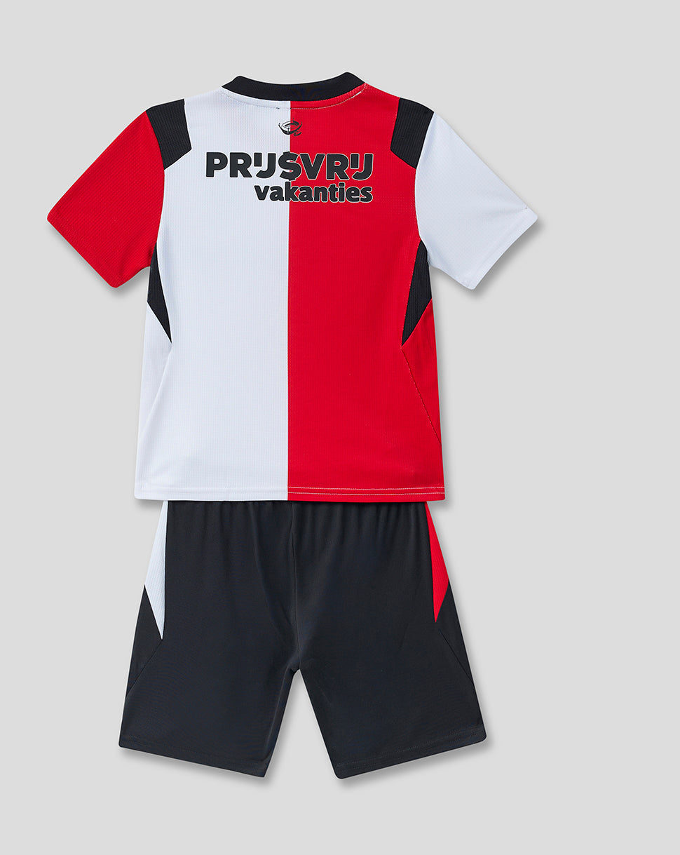 Back view of Feyenoord Junior home kit with red and white split top and dark shorts