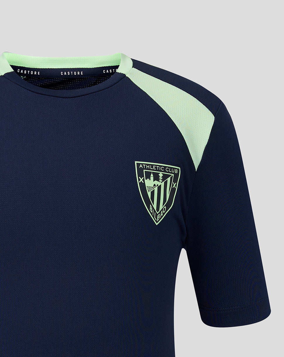 Athletic Club junior training shirt in navy with neon green shoulder panels and chest crest