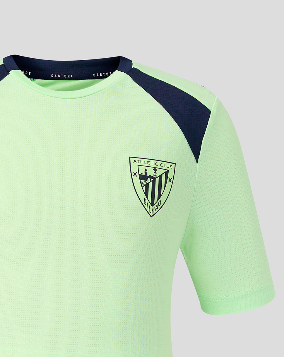 Junior neon green training top with navy shoulder panels and Athletic Club Bilbao crest on the chest