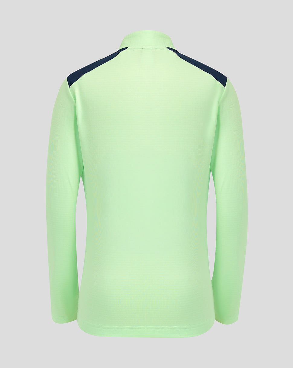 Back view of neon green Athletic Club Junior Training Shirt with navy shoulder panels.
