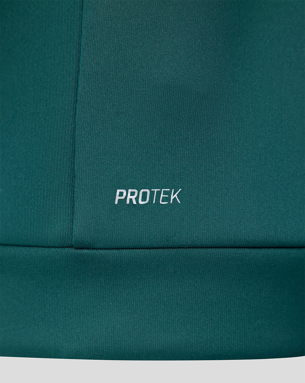 Lower front detail of the green hoodie with Protek branding at the hem