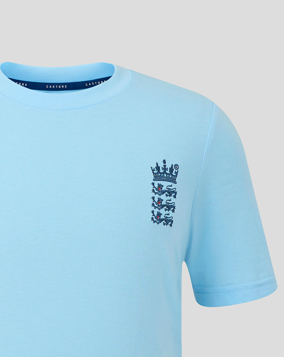 Light blue t-shirt with a logo on a light gray background