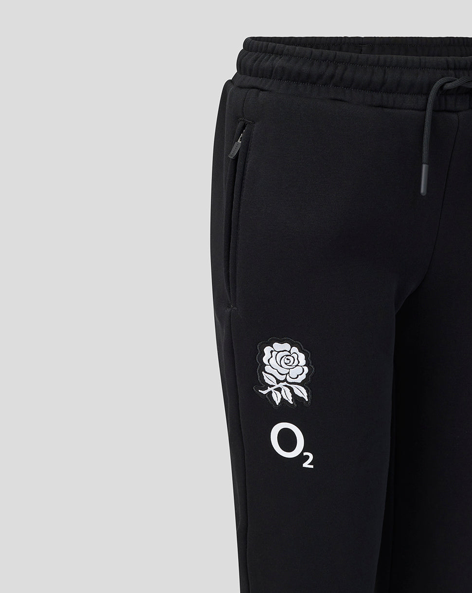 Black pants with a white logo on a light gray background
