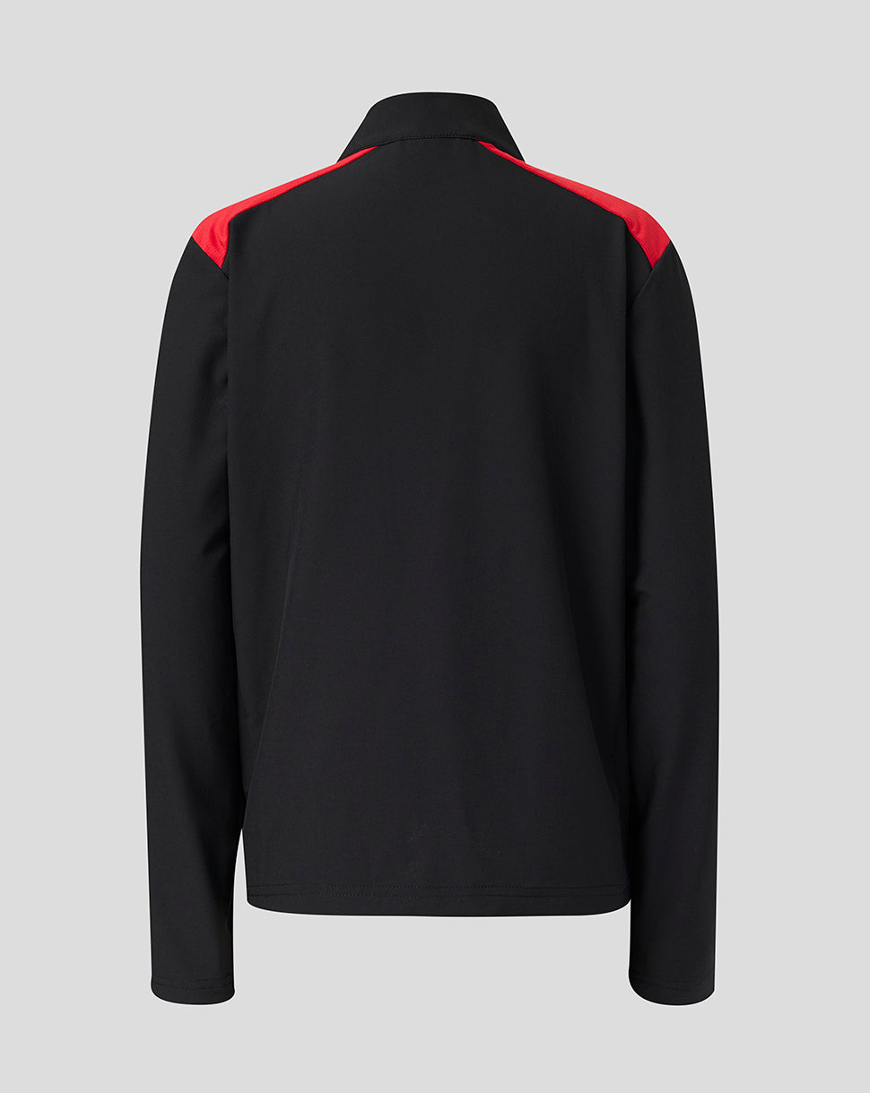 Back view of black Athletic Club junior matchday full zip jacket with red shoulder accents