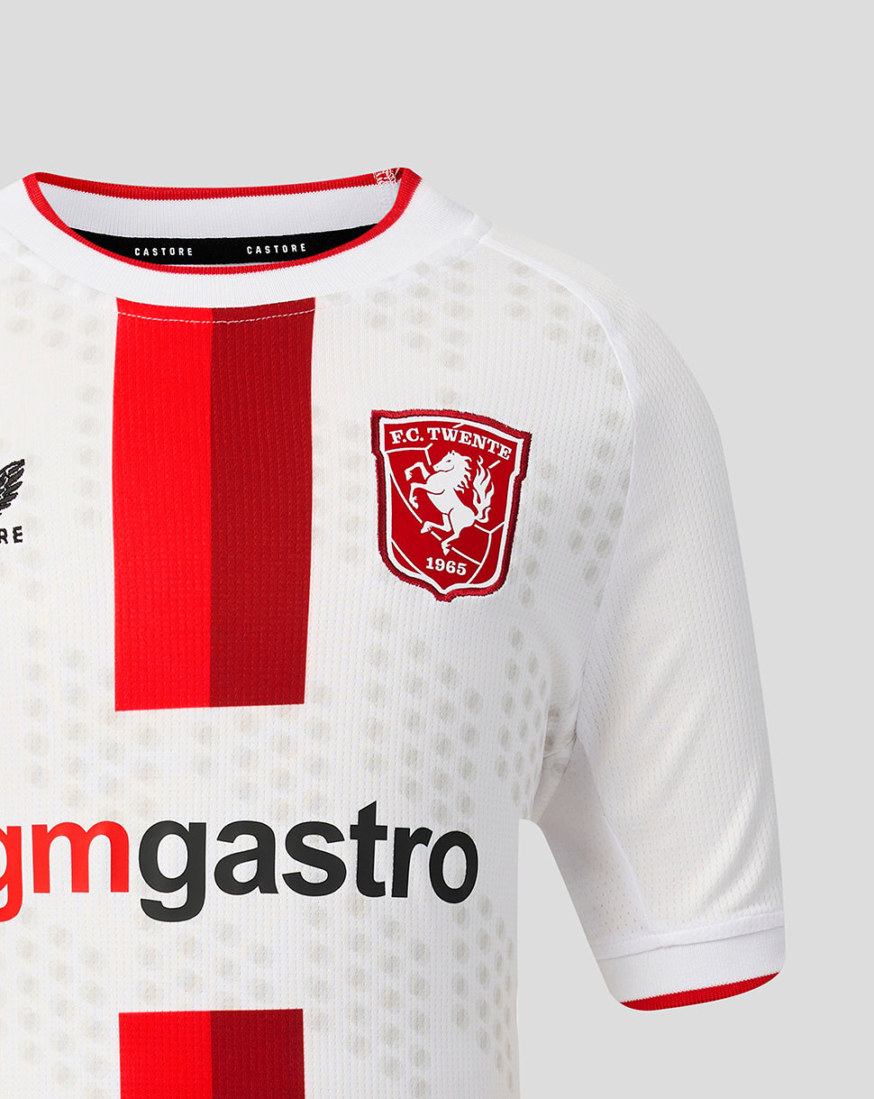 Chest close up of FC Twente Junior 26/27 Third Shirt with crest red stripe and textured white fabric