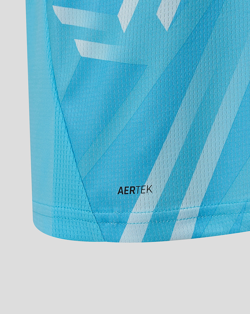Blue Athletic Club junior third shirt fabric with geometric panels and AERTEK branding.