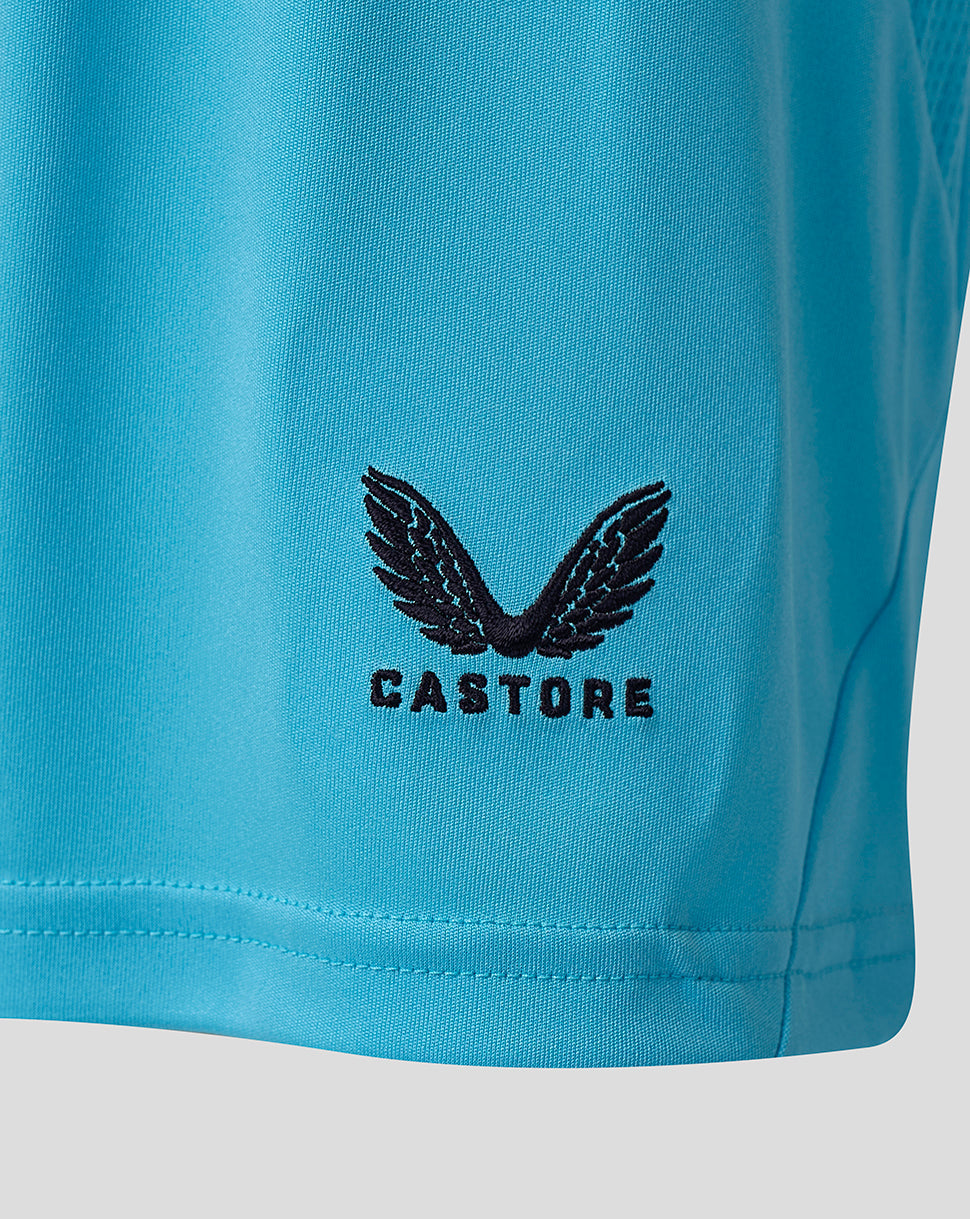 Turquoise blue junior shorts featuring Castore wing logo embroidery