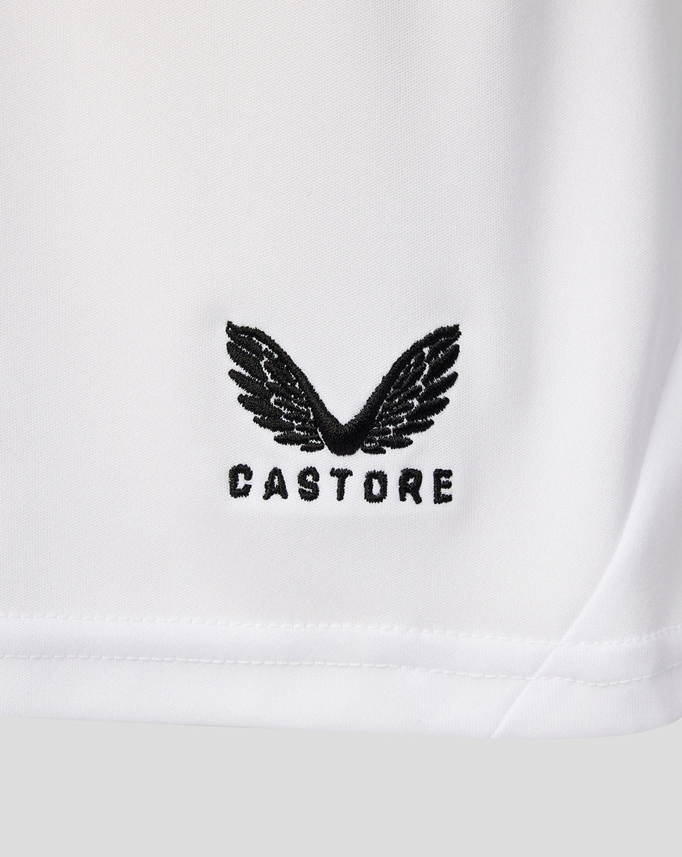 White shorts with black Castore wing logo embroidery near the hem