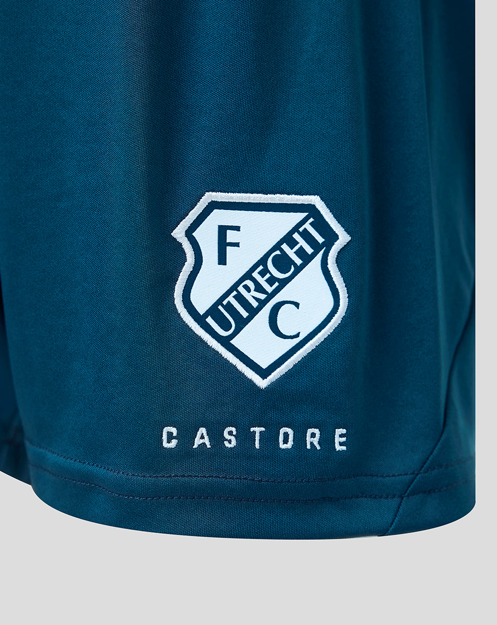 Close up of FC Utrecht Junior 26/27 Away Shorts fabric with the club crest