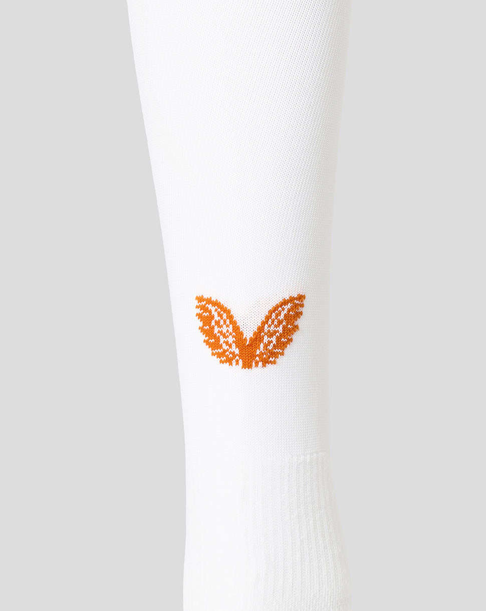 White junior FC Utrecht third sock with orange logo on the lower leg and gray reinforced heel and toe.