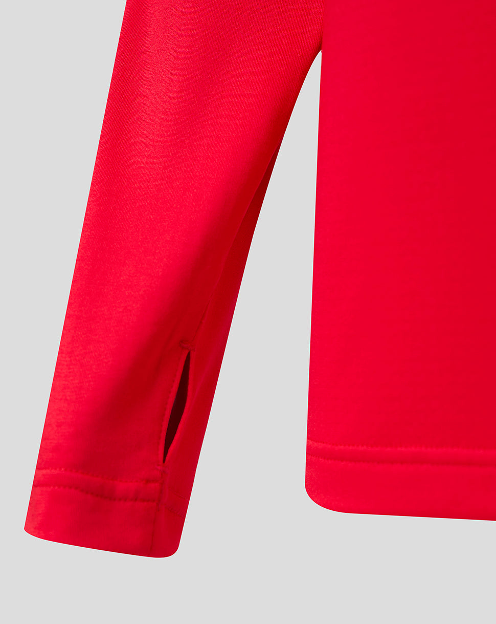 Red sleeve close up with a small vent slit near the cuff and clean stitched hem of the midlayer.