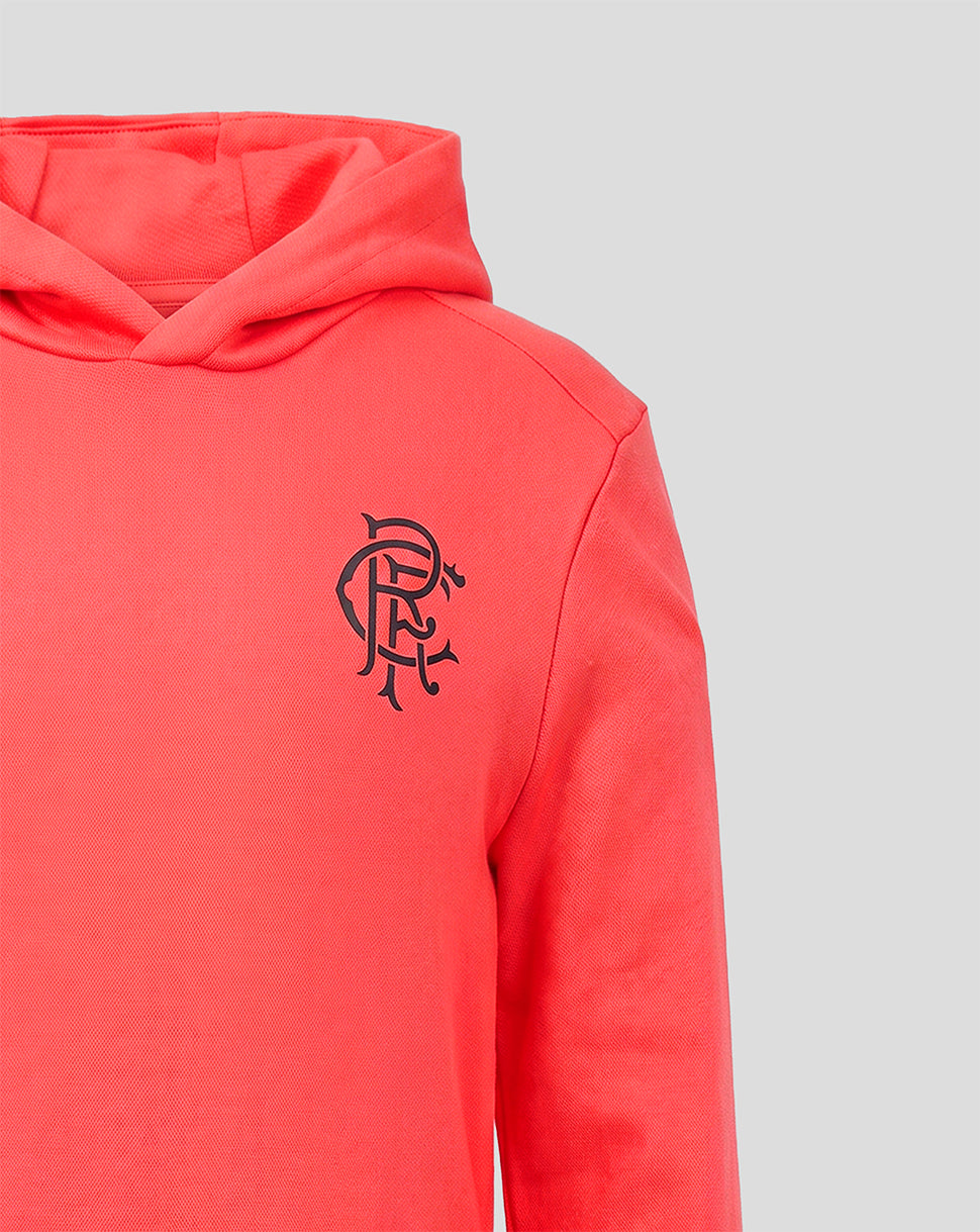 Red hoodie with a black logo on a gray background