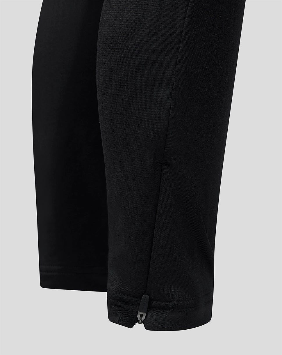 Close-up of ankle cuff with zipper on black training pants.