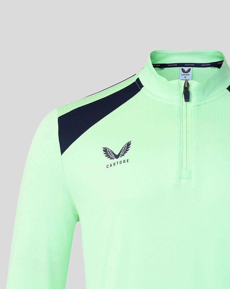 Neon green athletic jacket with black accents on a light gray background