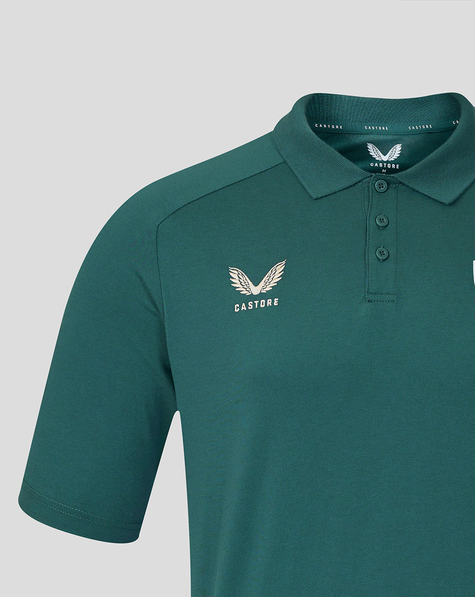 Teal green Athletic Club men's Travel Polo with white Castore logo on chest and button placket