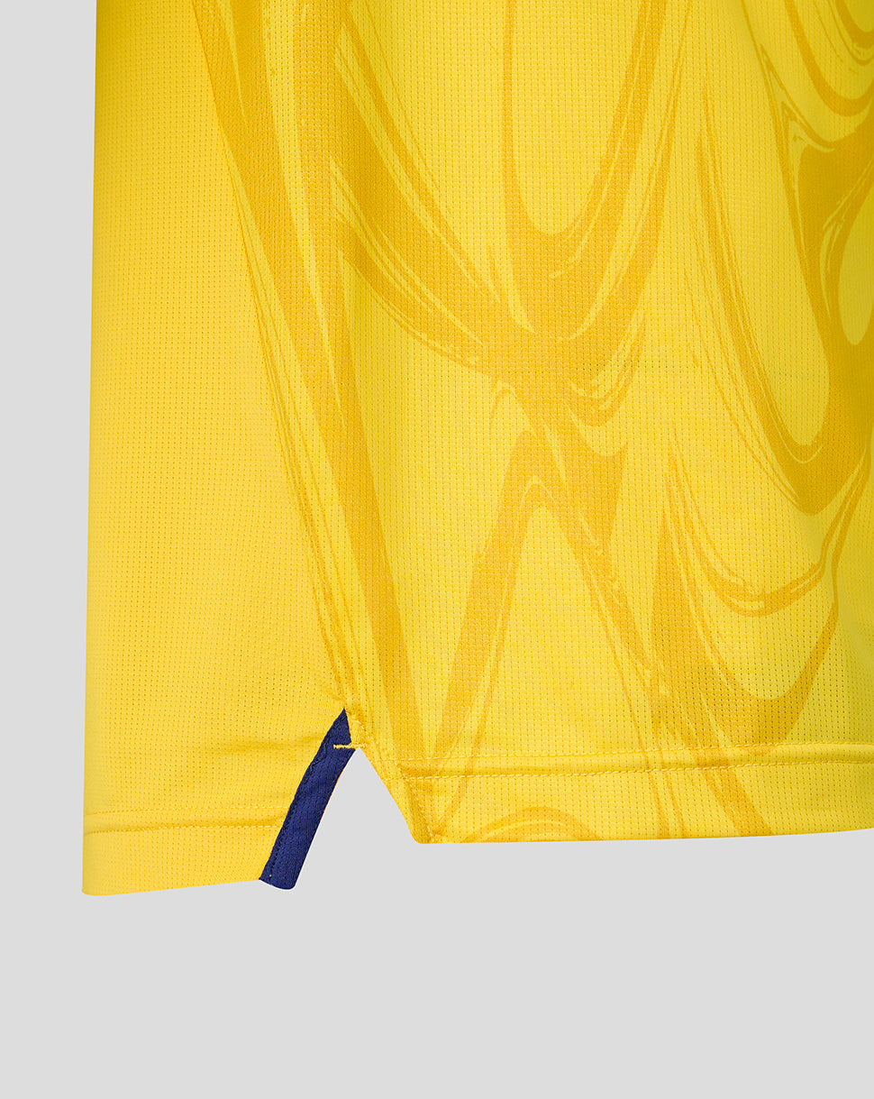 Close-up of a yellow garment with a blue zipper on a light gray background