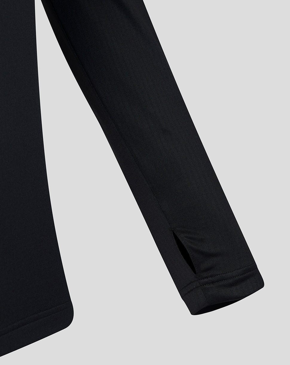 Close up of black athletic midlayer sleeve with a zip vent at the cuff