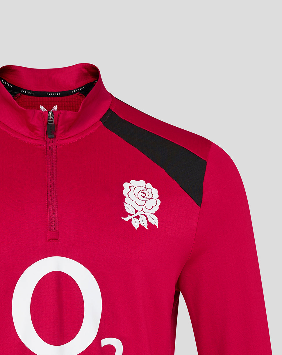 Red sports jersey with a white rose emblem and 'O2' logo on a gray background