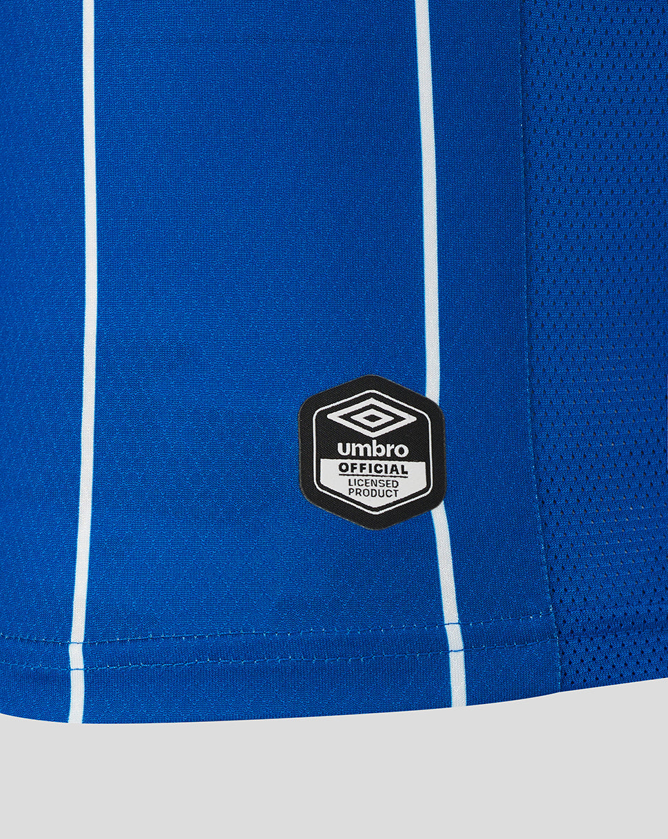 Blue sports shorts with white stripes and Umbro logo