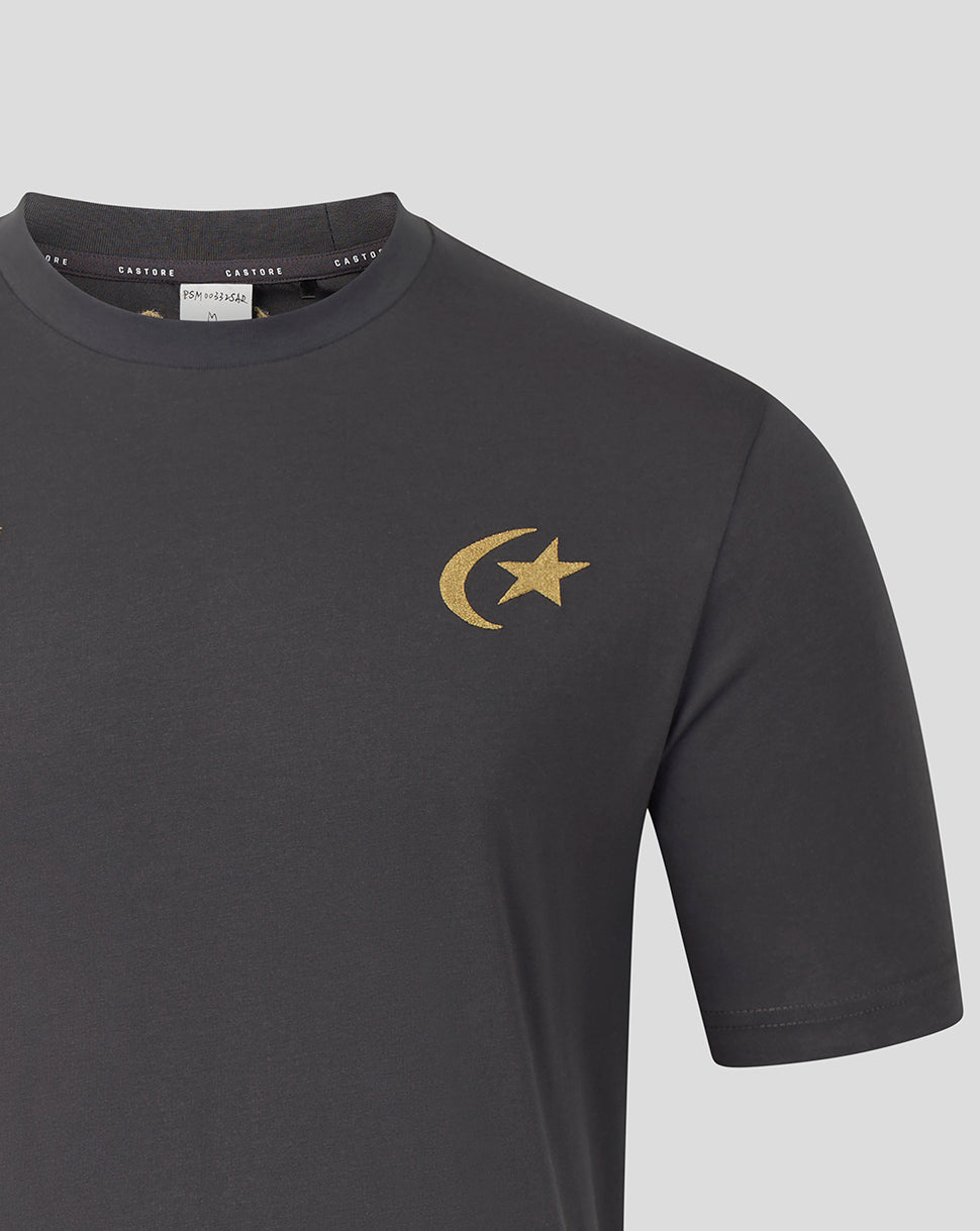 A close-up of a dark gray crewneck t-shirt featuring a gold crescent moon and star logo on the left chest, displayed on a neutral gray background.