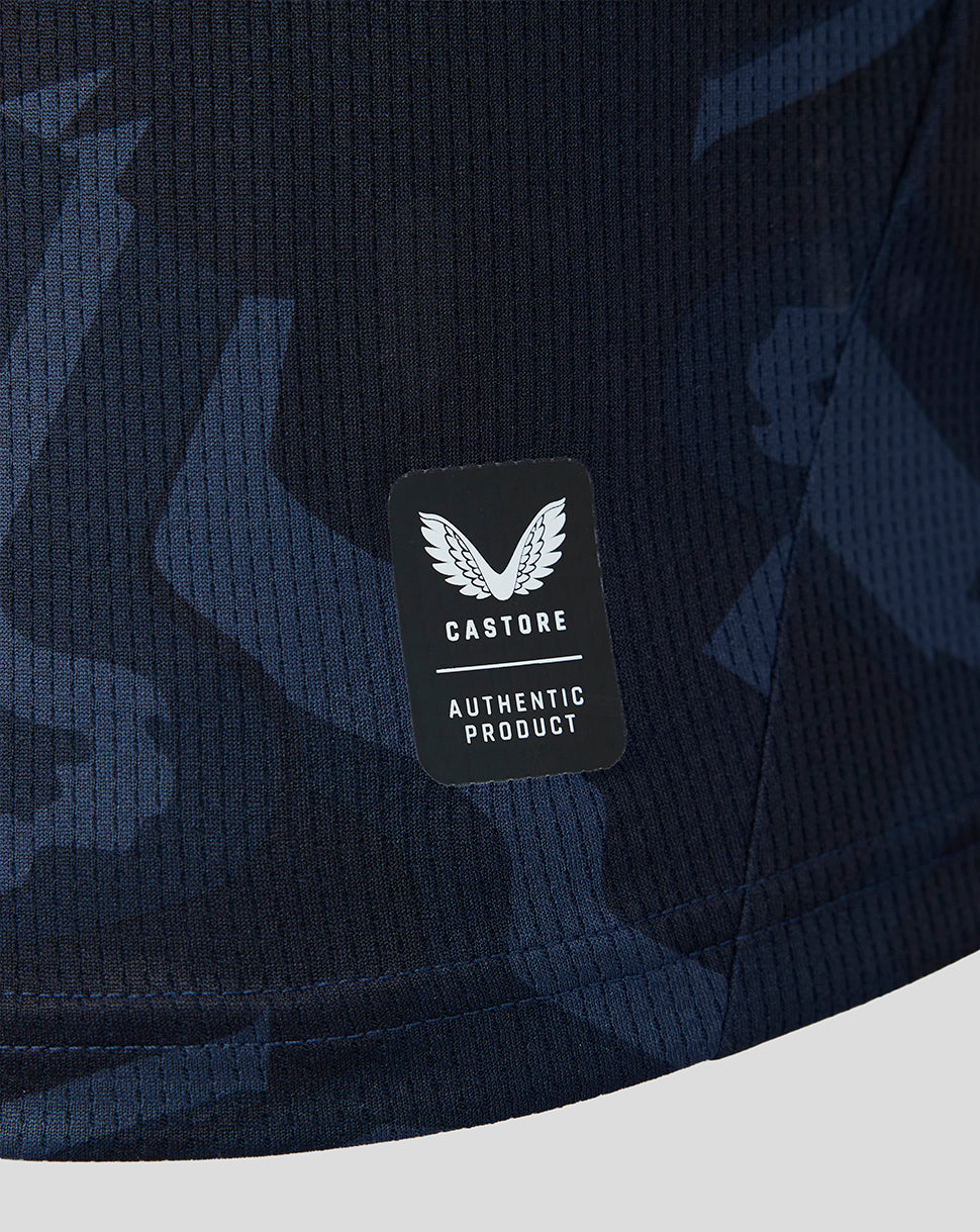 Close up of dark navy Castore fabric with authentic product badge for Feyenoord 2026-27 third shirt