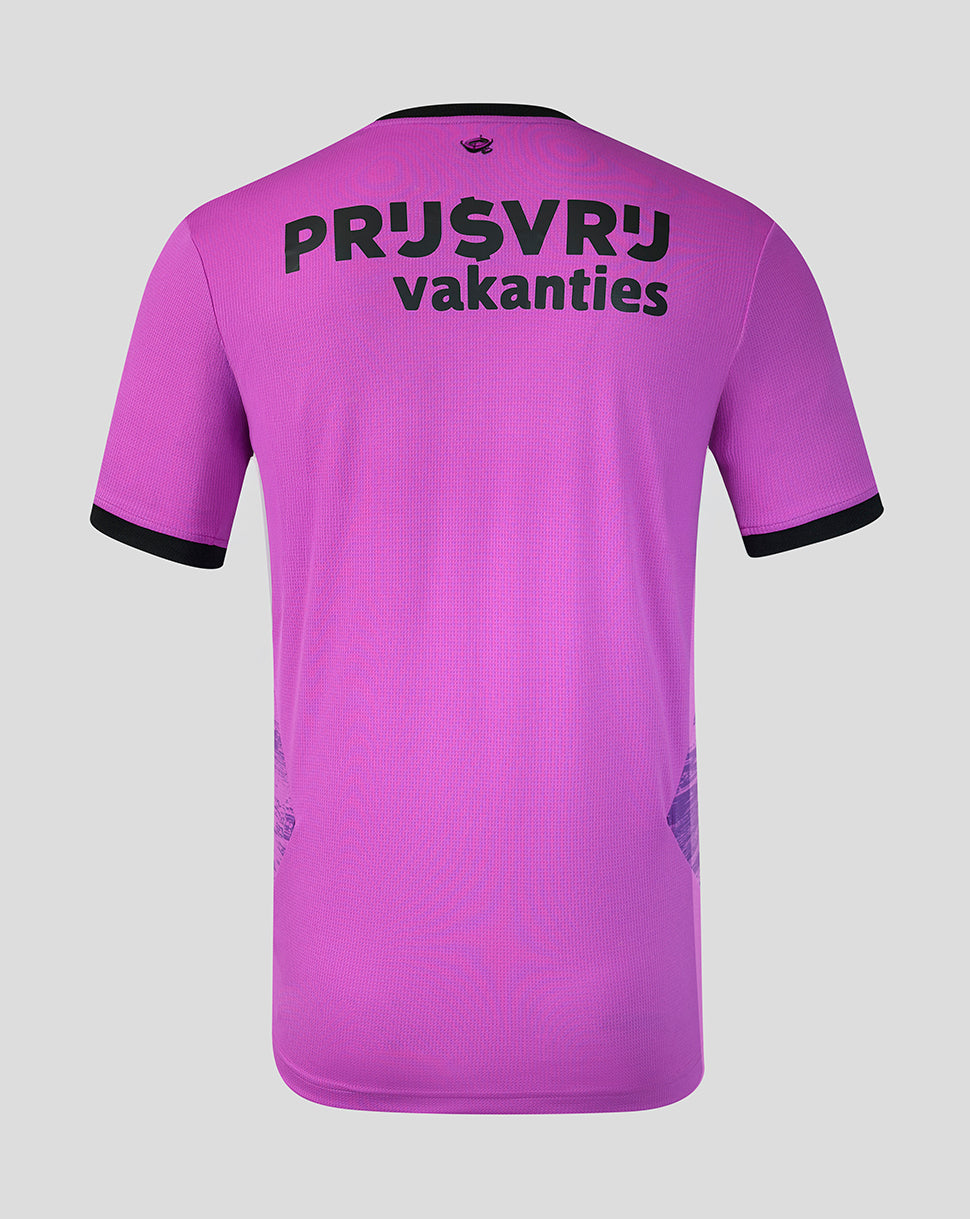 Back view of a purple Feyenoord 2026-27 third goalkeeper shirt with black sleeve cuffs and a small neck crest.